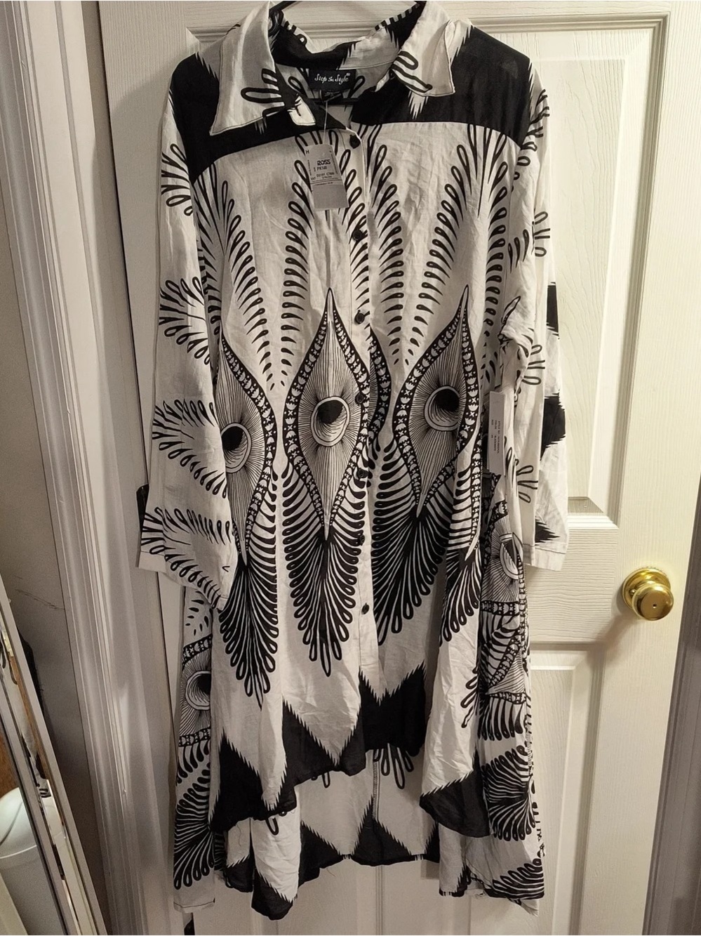 Boho Black & White Print Button-Front Dress